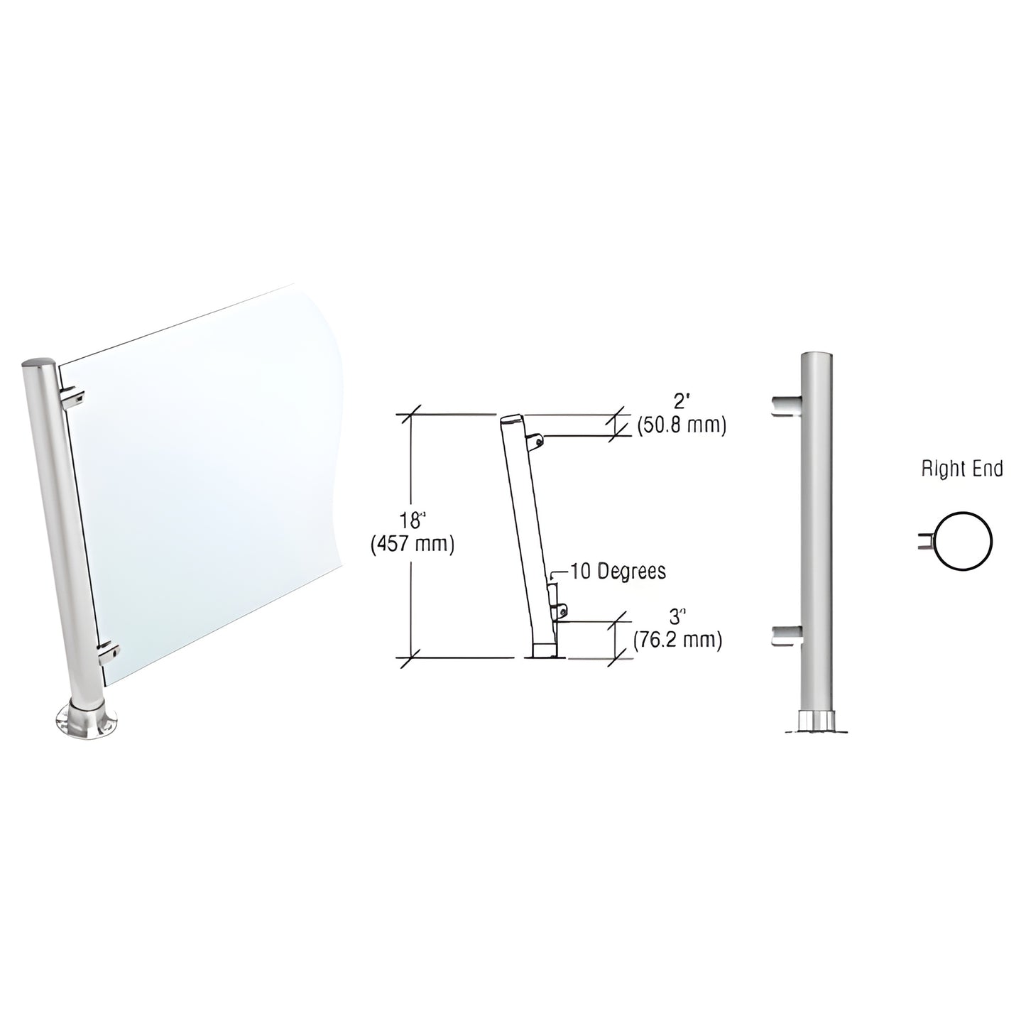 PP46REBS: 18in brushed stainless slanted round post, flat cap, adhesive base, standoff fittings for 3/8in glass