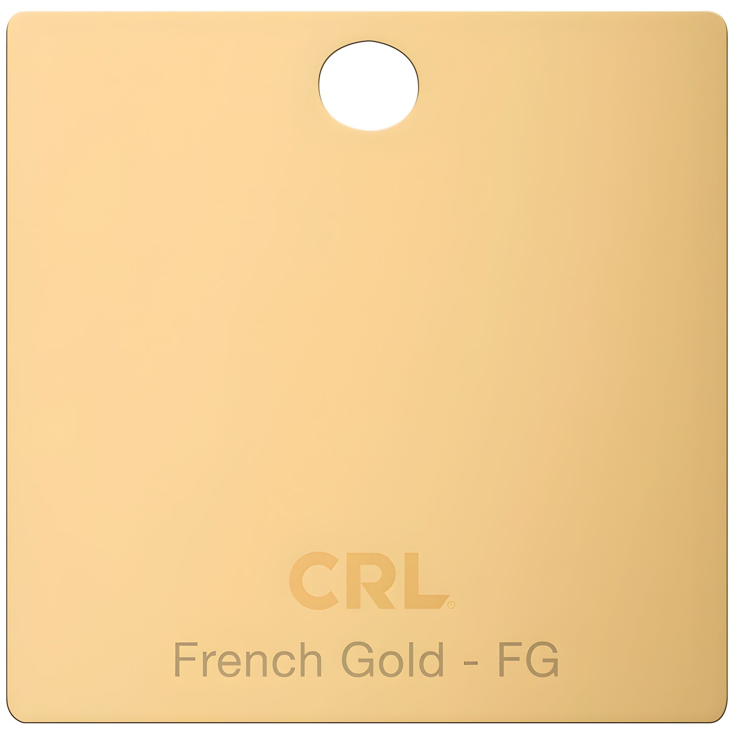 CRL French Gold brass hinge finish sample chip with hanging hole, labeled "French Gold - FG" SKU CH2PFG