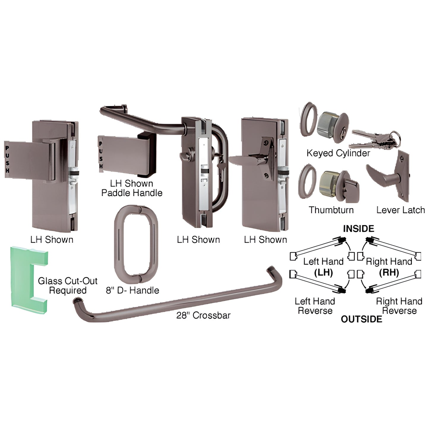 Black bronze 4"x10" center lock set for 1/2" glass - paddle handle, D-handle, 28" crossbar, keyed cylinder (SKU DLL411DUC)