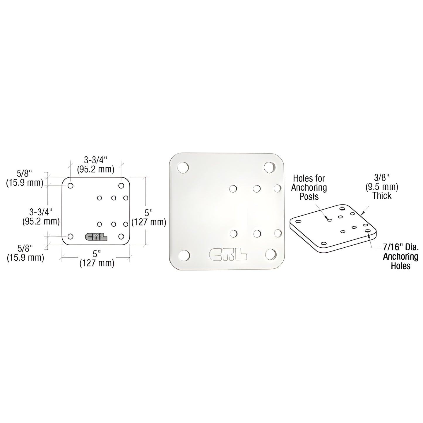 BP05W sky-white aluminum offset base plate, 5 in square, countersunk anchor holes for side-mounted 2-3/8 in posts