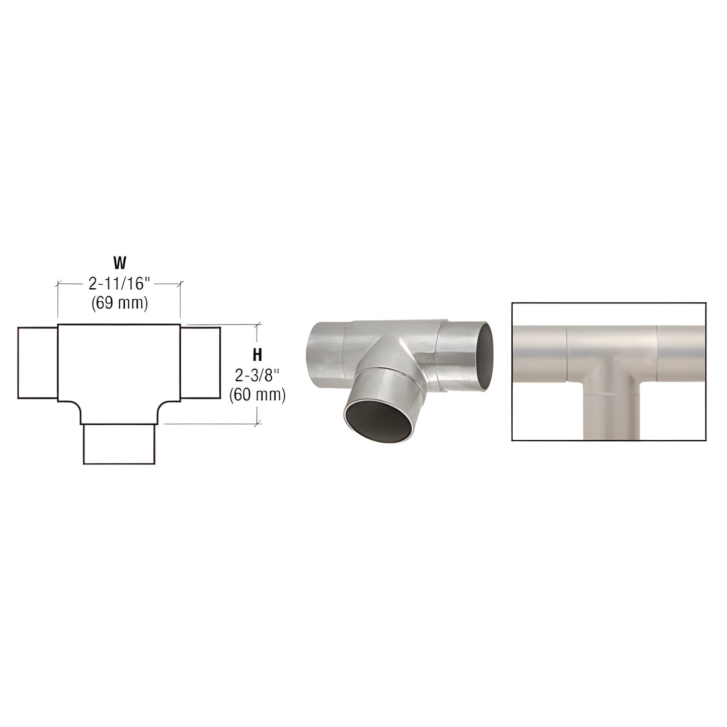 HR20KBS brushed stainless steel flush tee for HR20 handrail tubing - product photo with dimensional drawing.