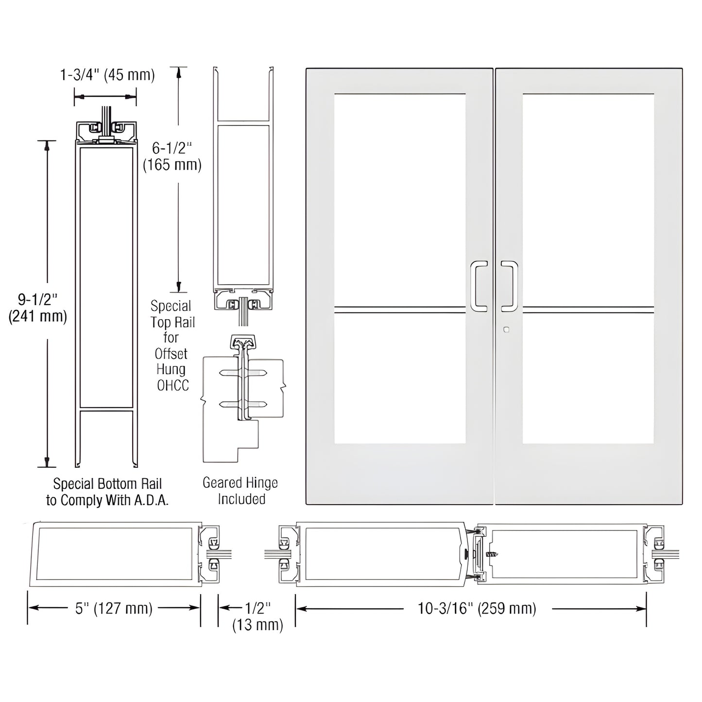 DE52952 white Kynar commercial double entrance door with wide stiles, tempered glass panels and ADA-compliant bottom rail