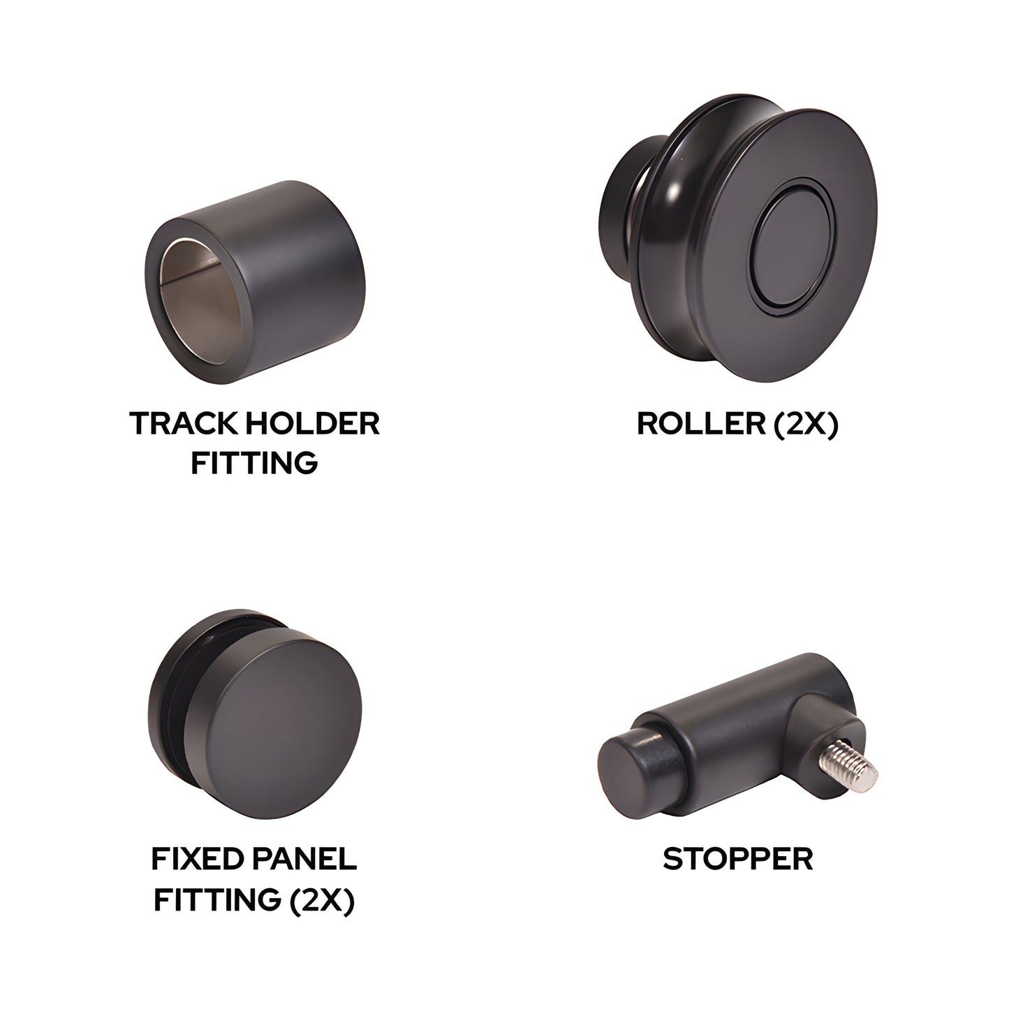 Matte black Colonia replacement kit CLNHDWKMBL - stainless steel rollers, fittings & stopper for 180 sliding shower door