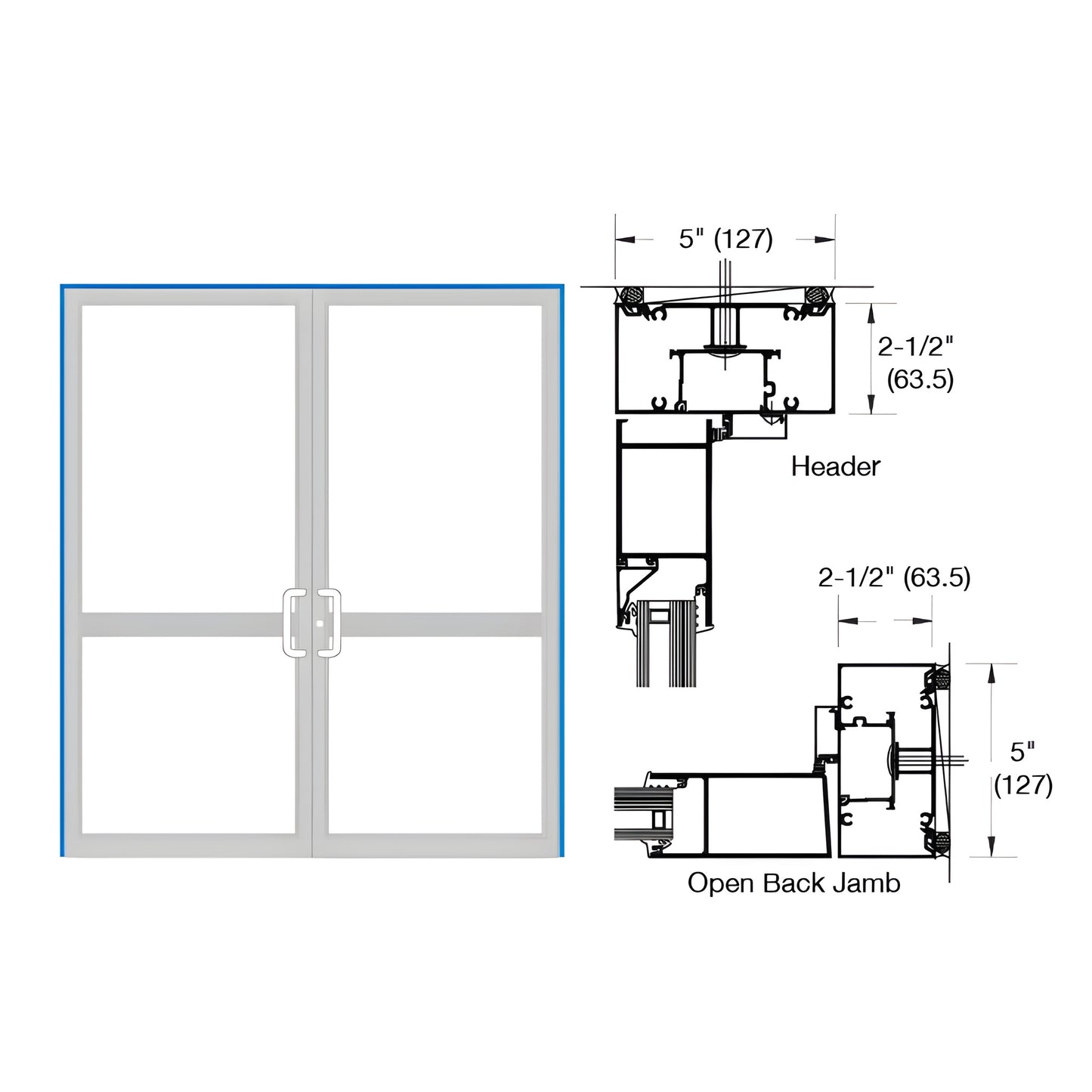 Double up/over hurricane impact door frame with center pulls and section drawings, Custom Kynar - SKU 0P72571