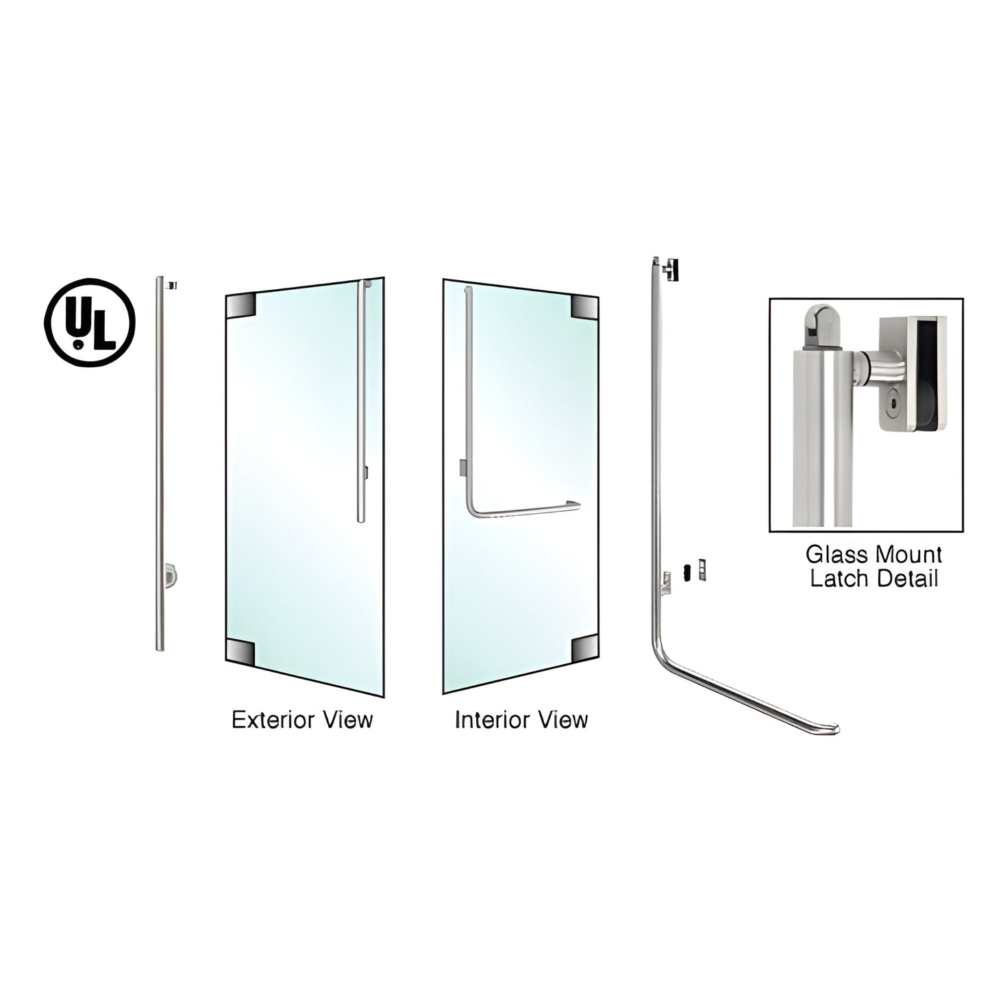 Brushed stainless tubular panic handle PA100JS4GKBS for 1/2 in. tempered glass doors, exterior keyed, left-hand reverse