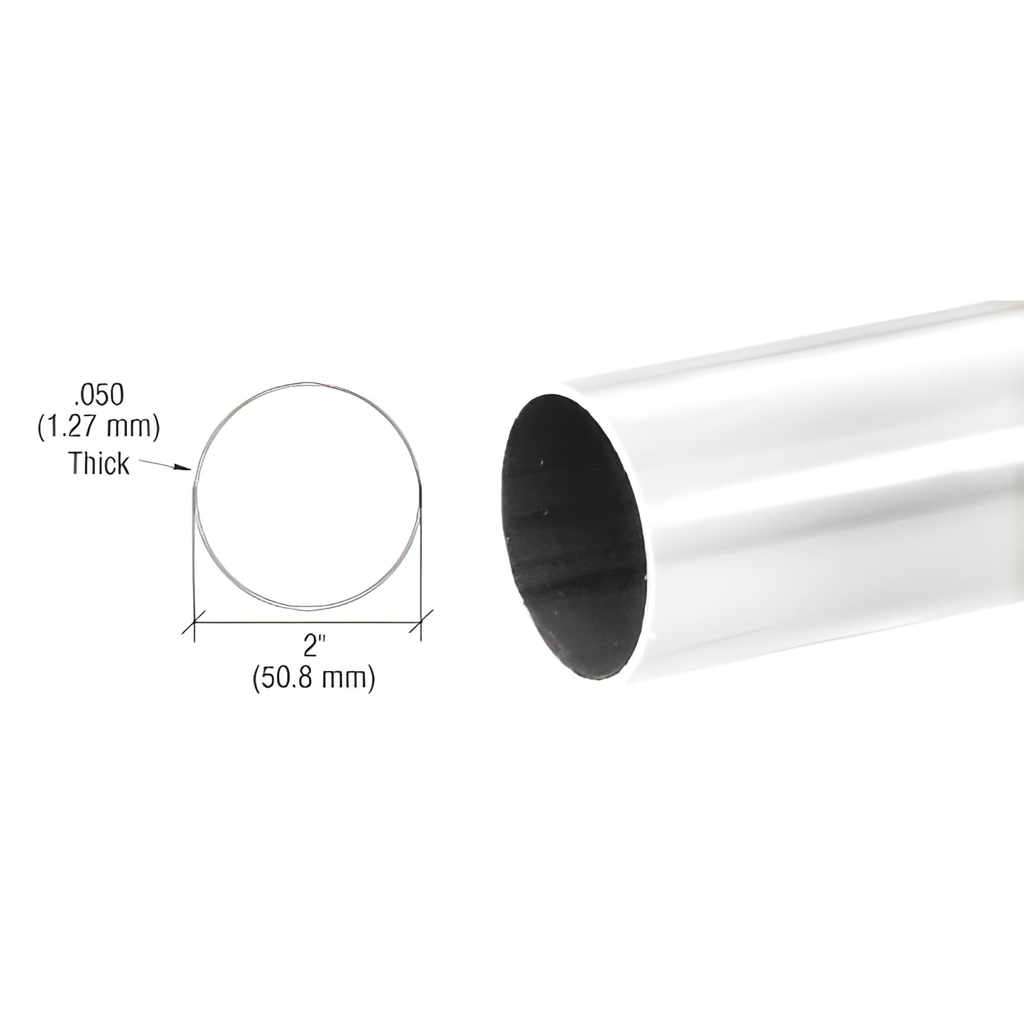 HR20PS polished 304 stainless steel round tubing, 2" diameter, .050" wall thickness, open-ended.