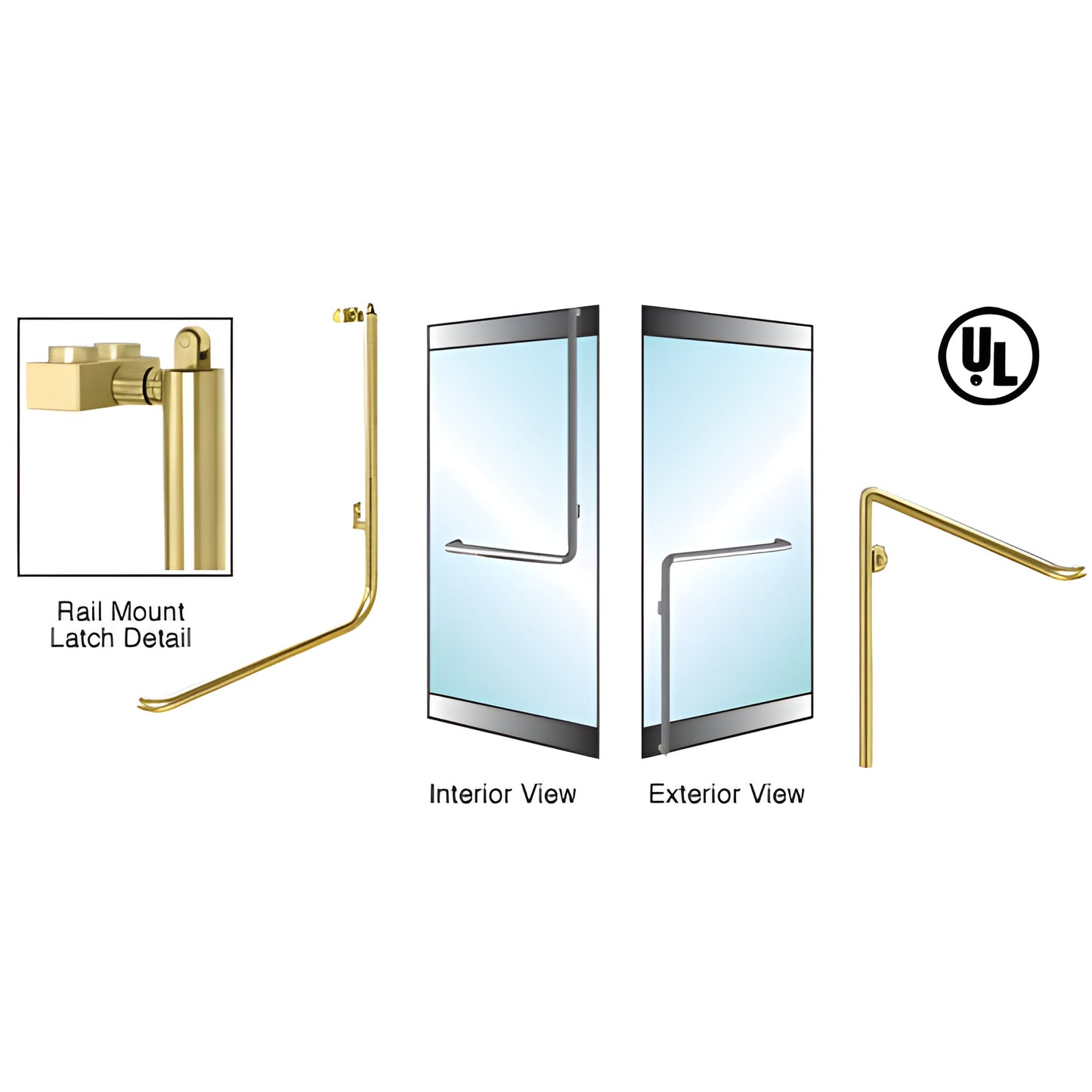 Satin brass PA100C3RKSB rail-mount panic handle for 1/2" tempered glass doors, 1-1/4" tubular with top latch