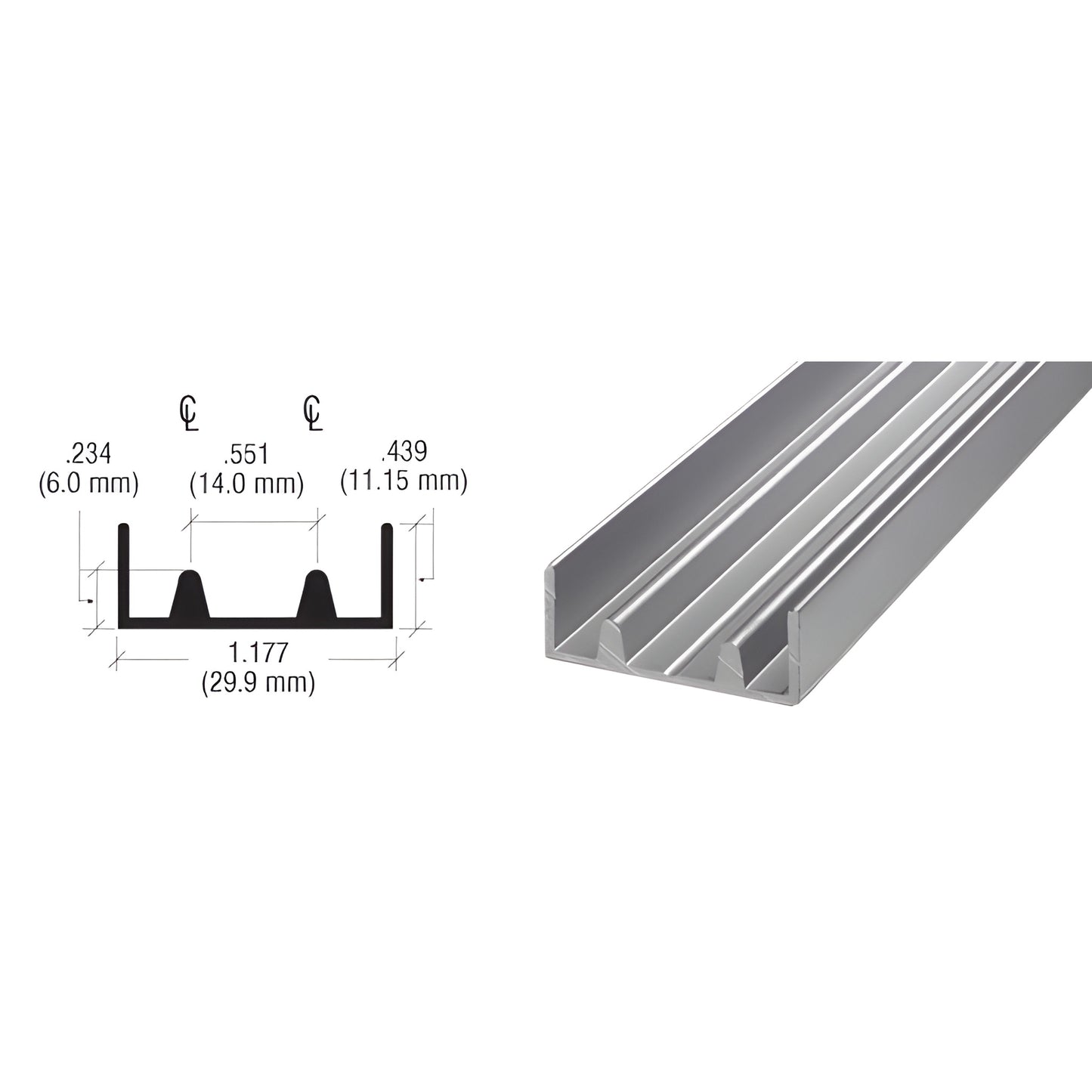 CRL D594A satin anodized aluminum double lower track extrusion, 12 ft length, 1.18 in wide, raised ribs for sliding doors