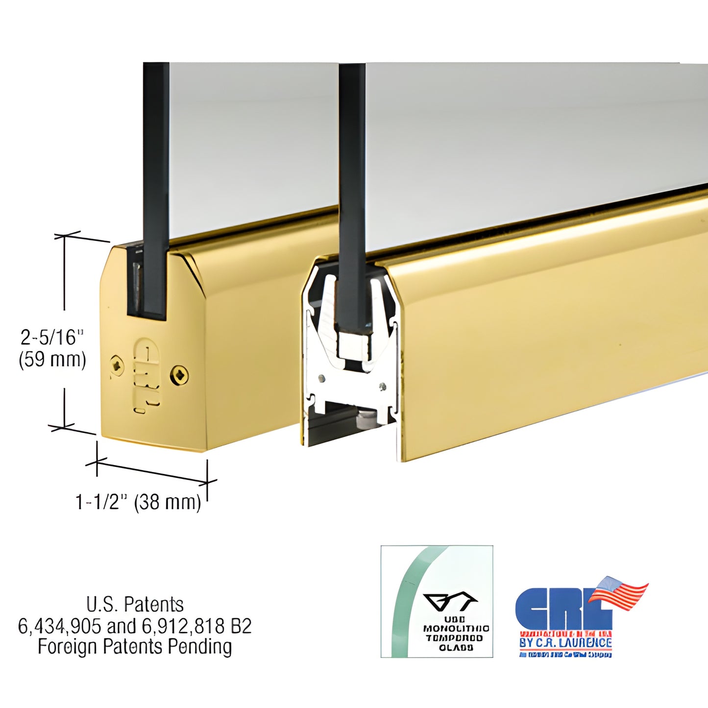 Polished brass low-profile Wedge-Lock door rail DR2TPB38S, 35-3/4" long, 2-5/16" H for 3/8" glass
