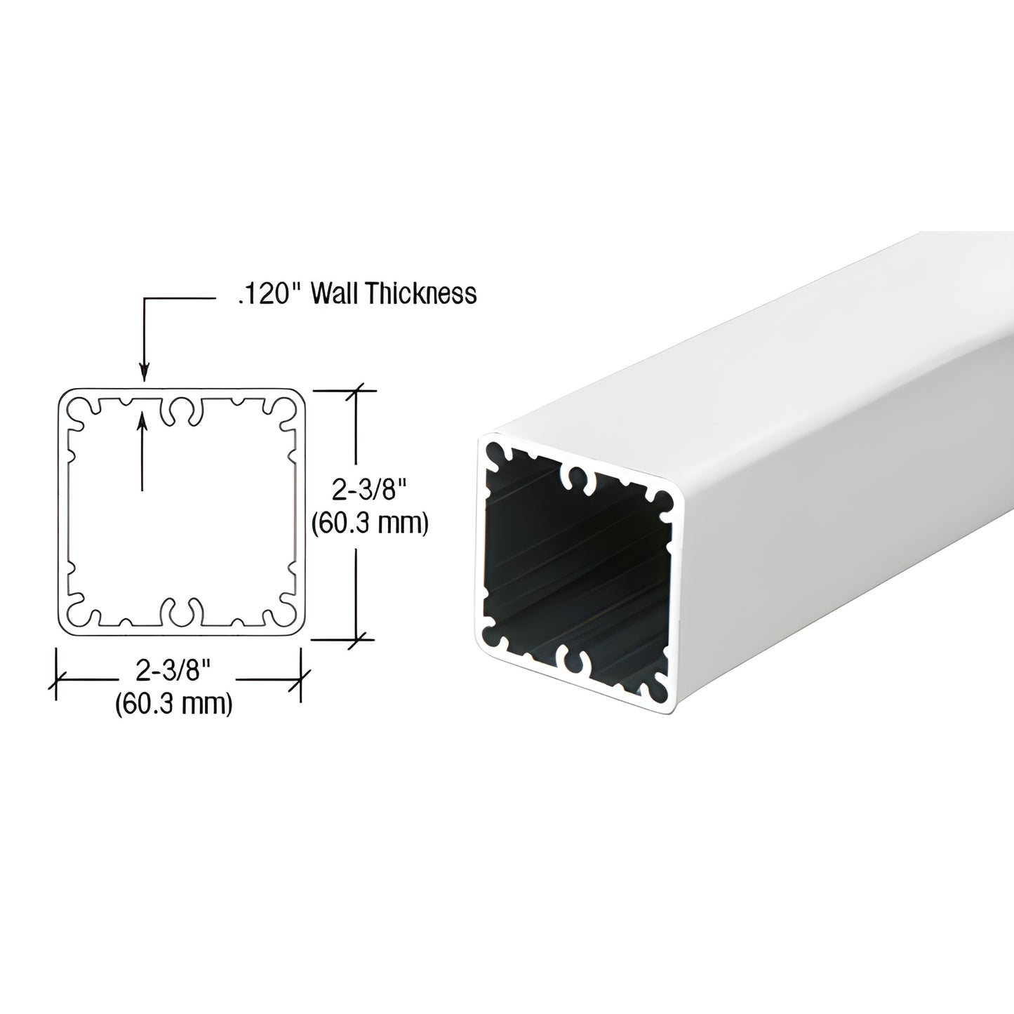P48W Sky White 2-3/8" (60 mm) square aluminum post, 48" long, .120" wall - cross-section diagram and angled view.