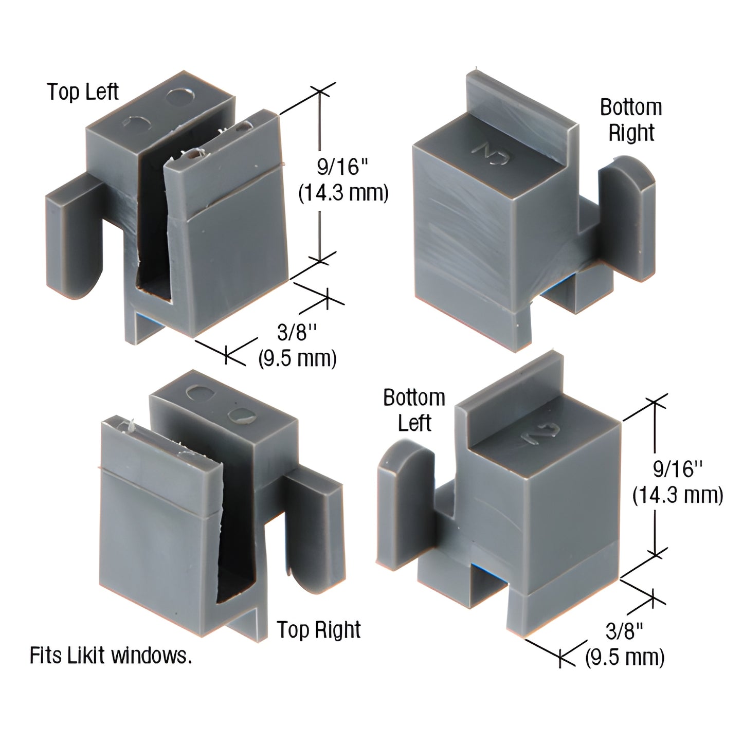 Gray nylon CRL corner guides (set of 4) for Likit sliding sash windows, SKU G3078; 9/16" x 3/8" compact corner glides.