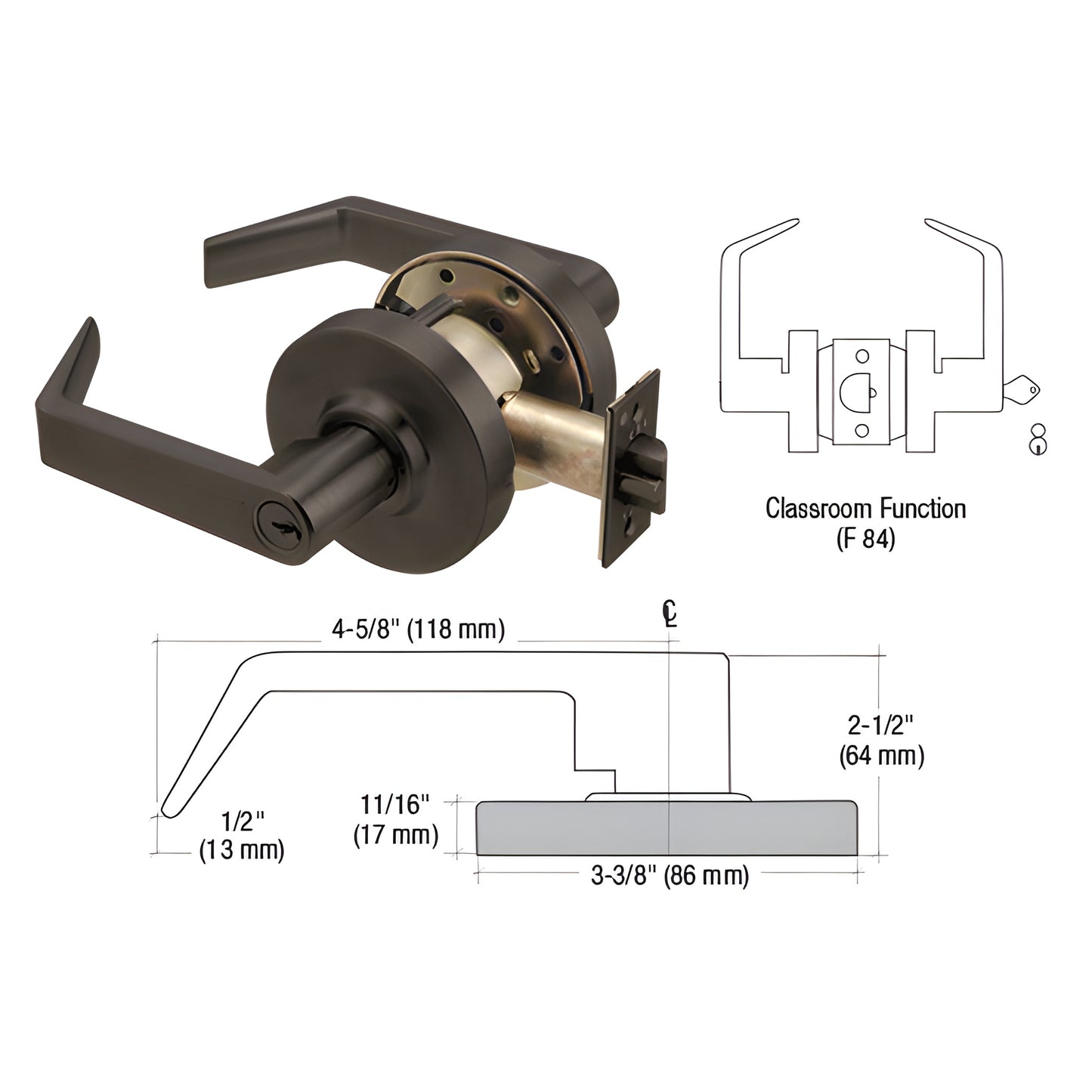 Oil-rubbed bronze heavy-duty classroom lever lockset (Grade 1) with clutch, reversible, includes latch - SKU D90CLS0RB