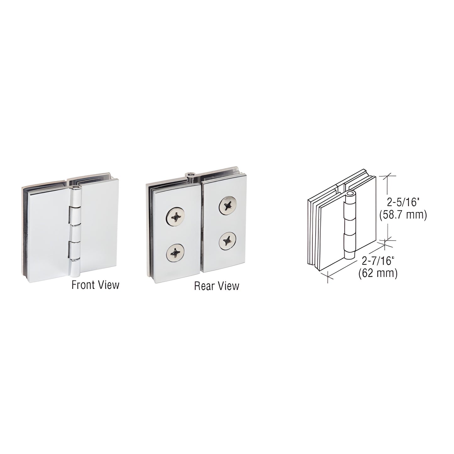 EH242 polished chrome brass 180 glass-to-glass hinge pair for 6-8mm glass, front and rear views with dimensions.
