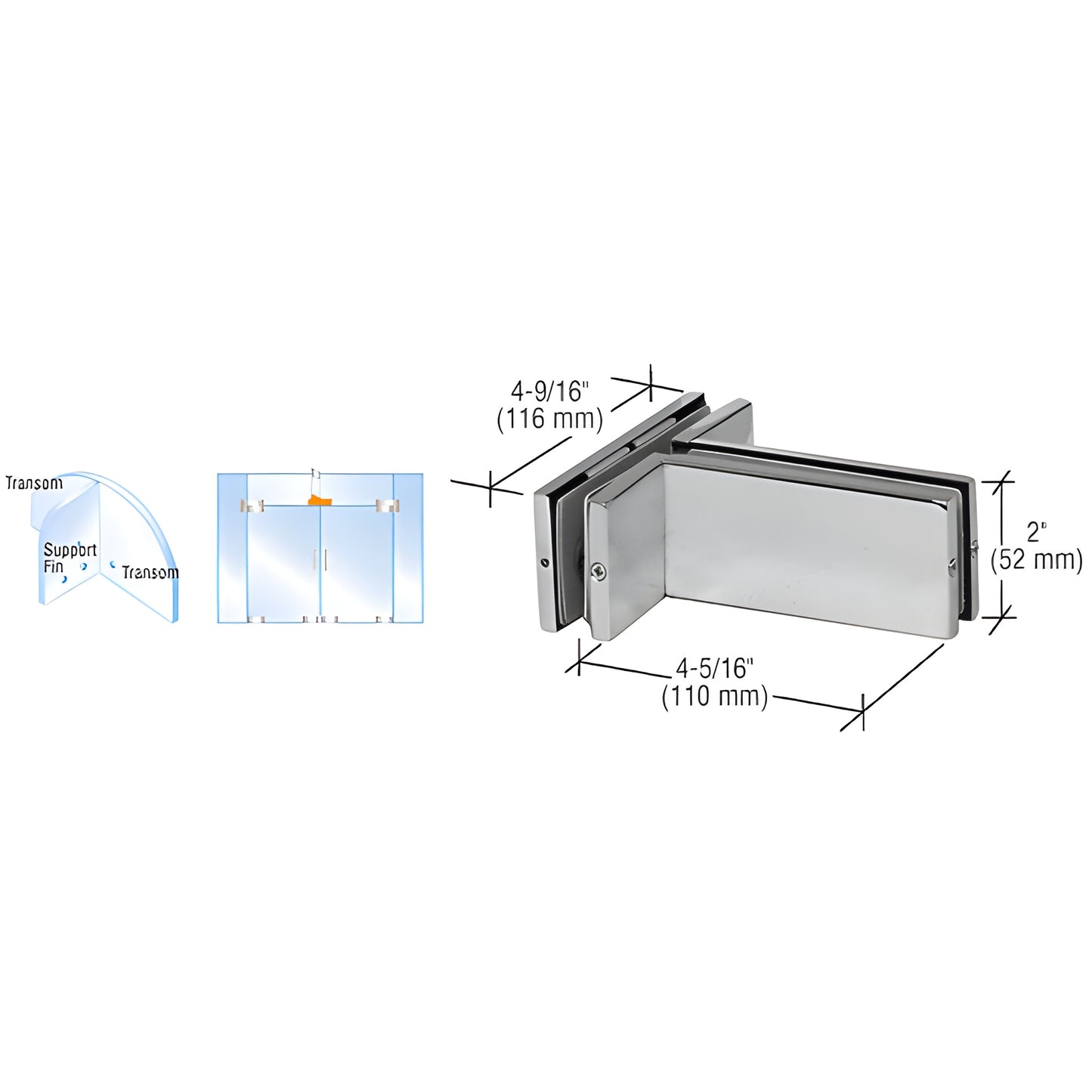PH71BS brushed stainless transom-mounted patch connector with support fin bracket for 3/8" or 1/2" (10/12mm) glass
