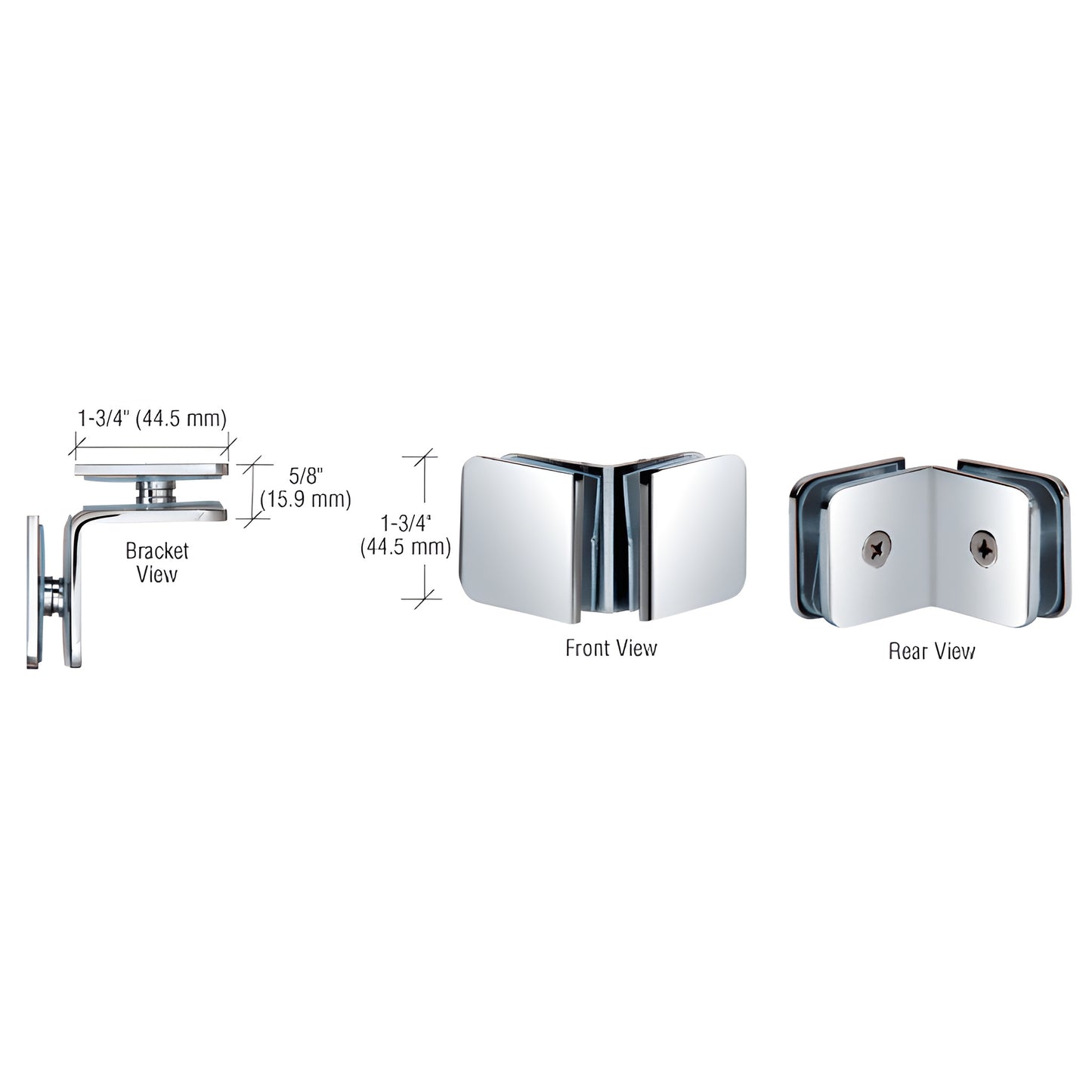 GCB90CH polished chrome 90 solid brass glass-to-glass clamp for 8-12mm (5/16-1/2") frameless showers.