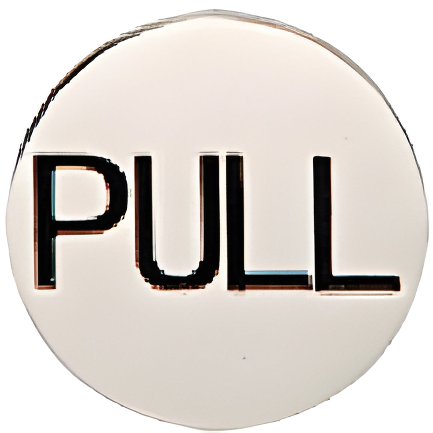 Polished stainless 2" round door pull indicator with etched "PULL" and pre-installed high-bond tape. SKU 2EPPSPL