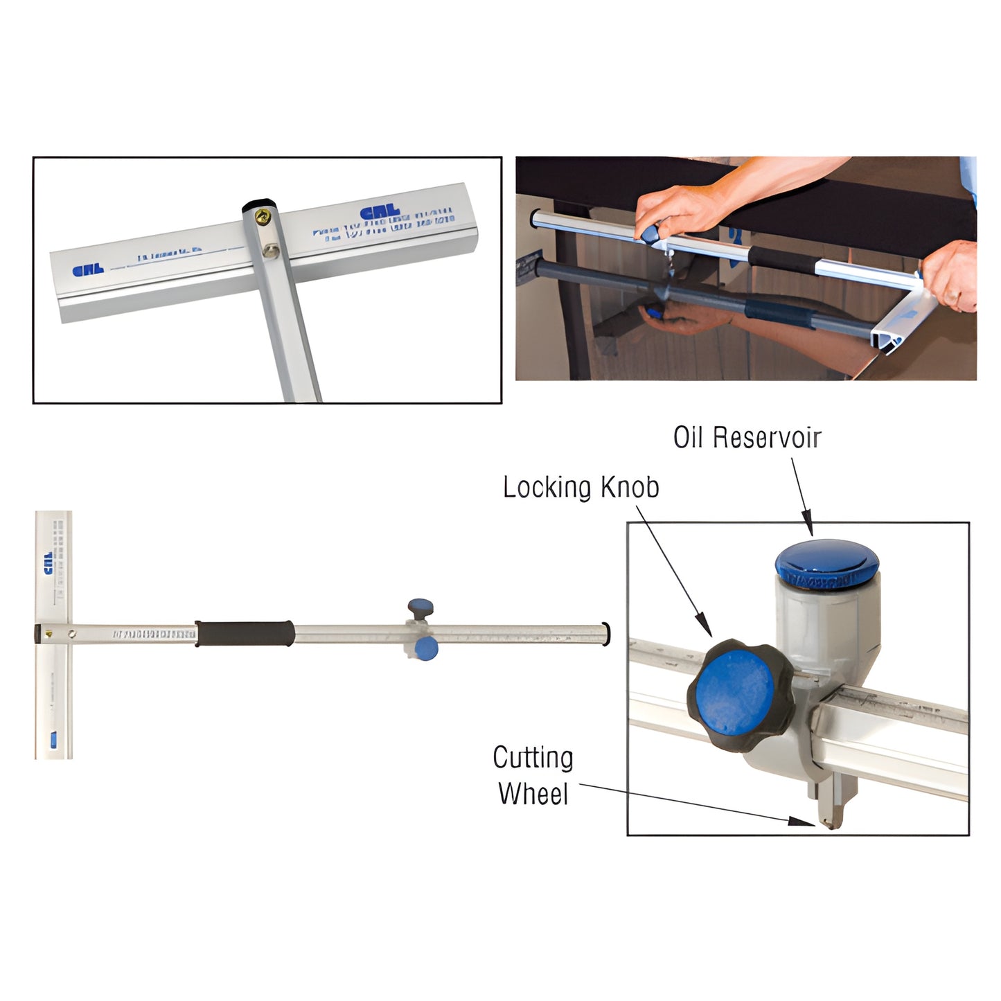 PTC24 24in oil-feed T-cutter: aluminum T-bar, oil reservoir, carbide cutting wheel and adjustable edge guides for glass.