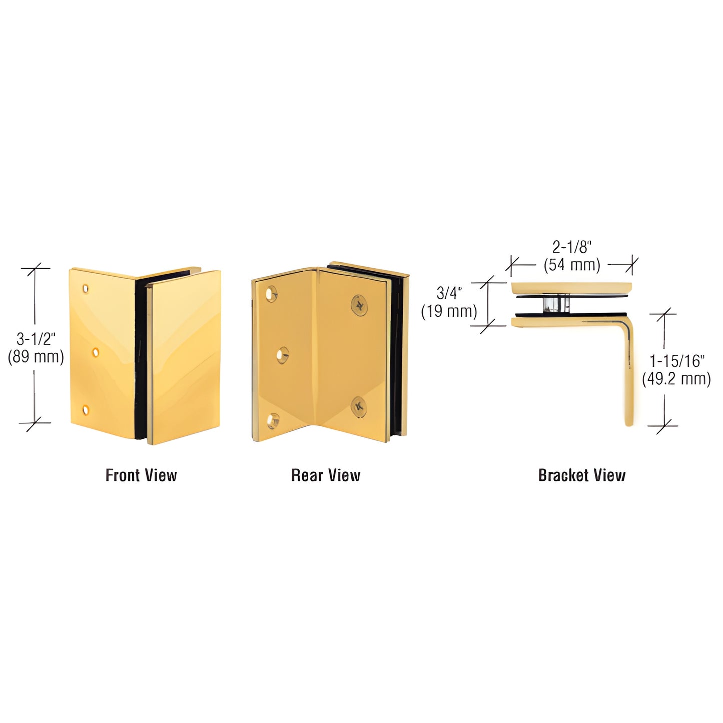 GE90SBR polished brass solid-brass wall-mount glass bracket, square-corner clamp for 8-12mm (5/16-1/2") glass.
