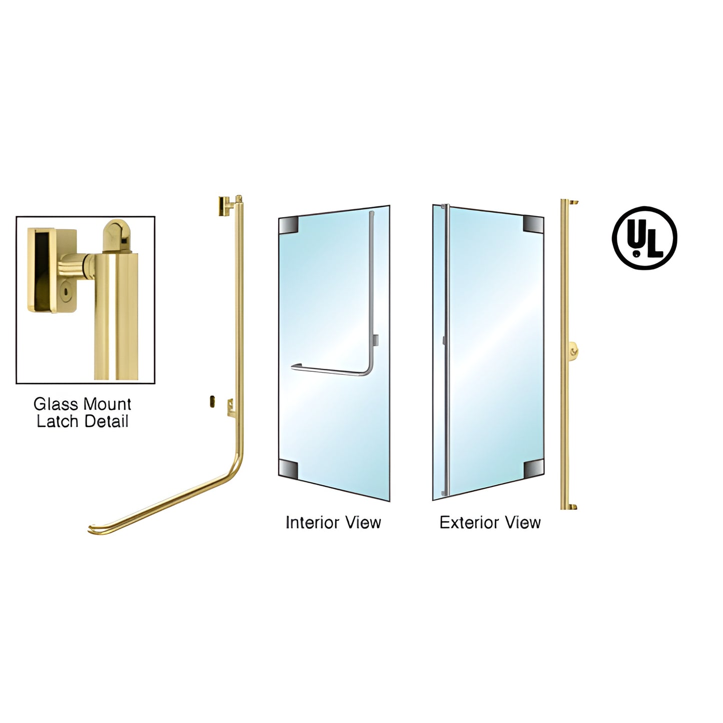 Satin brass PA100 panic handle for 1/2" glass doors, 1-1/4" tube, right-hand reverse, exterior keyed.