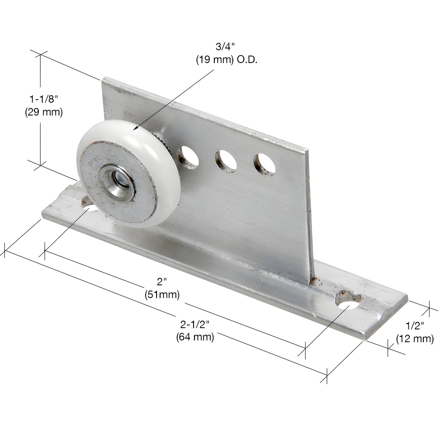Aluminum top-hung shower door roller assembly with 3/4" white nylon wheel and adjustable bracket, SKU M6034
