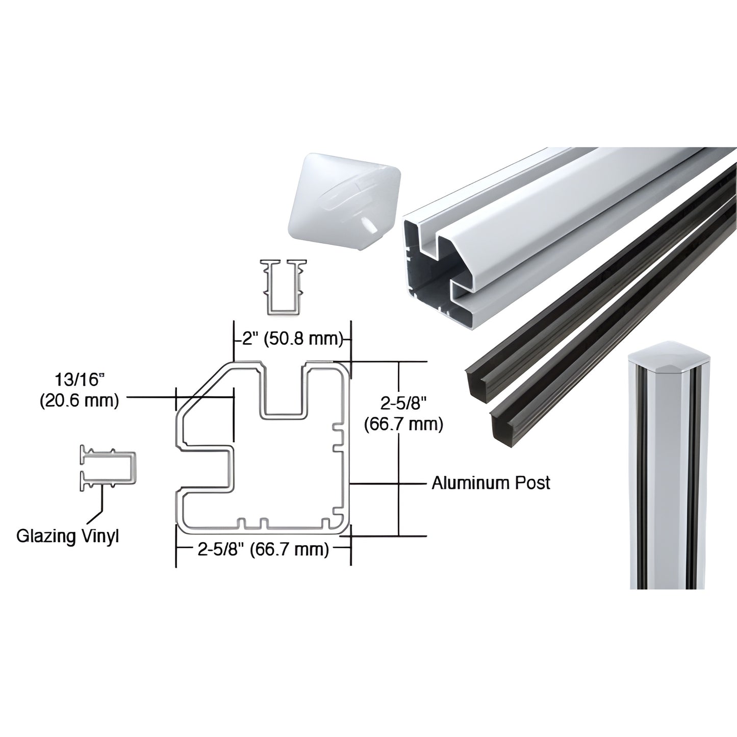 S60CRKM: Mill-finish aluminum 90 corner post kit for frameless glass railings with glazing vinyl and cap, fits 6-12mm glass.