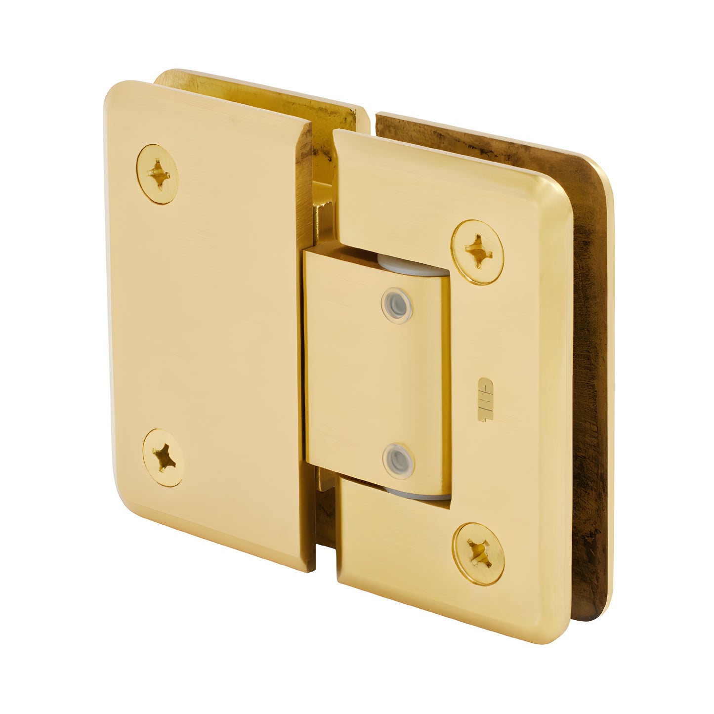 Satin brass Pinnacle adjustable glass-to-glass shower hinge (P1N380SB), solid brass beveled edge, self-centering