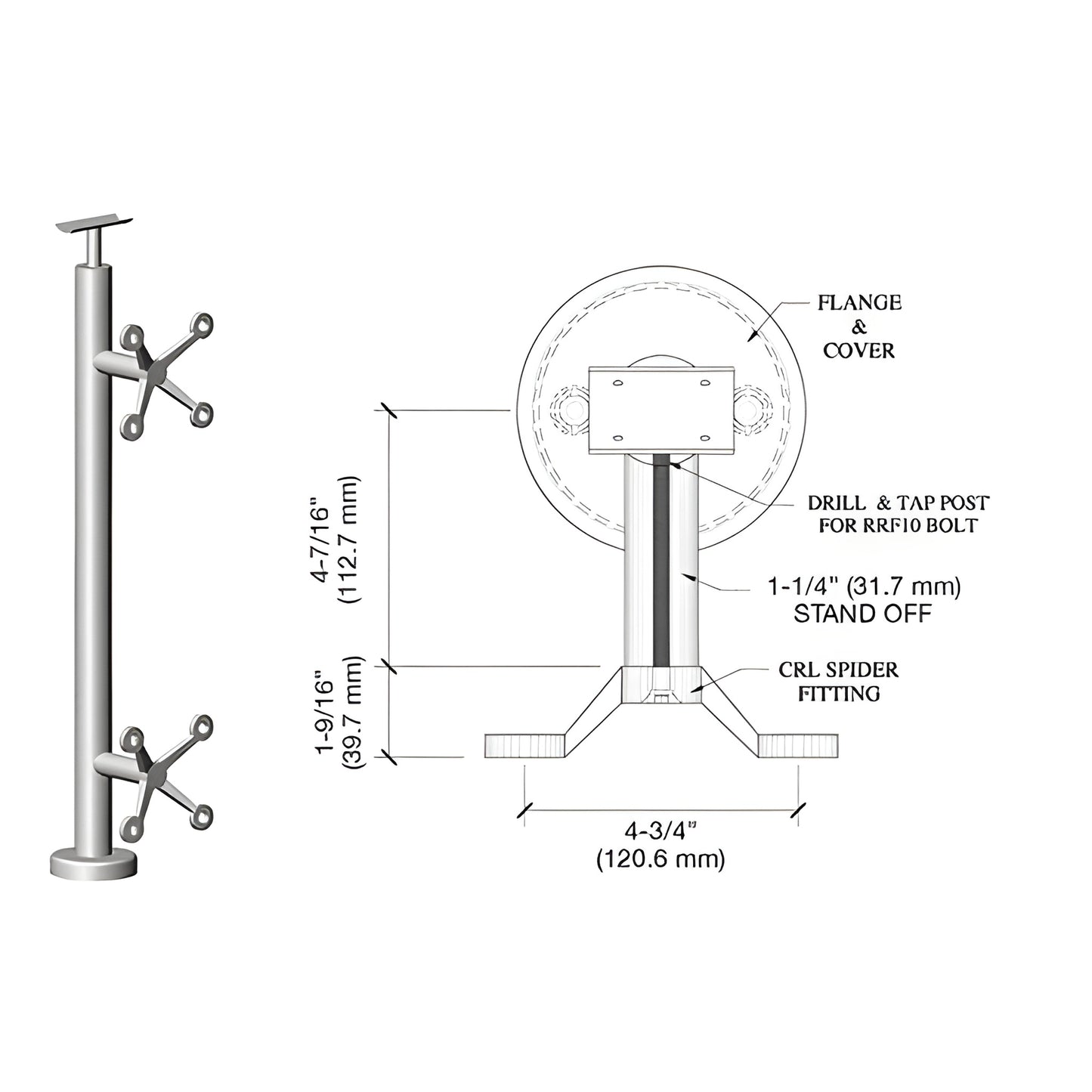 P642CBS stainless steel spider post railing kit with base plate and fixed glass spider fittings, 4-3/4 base.
