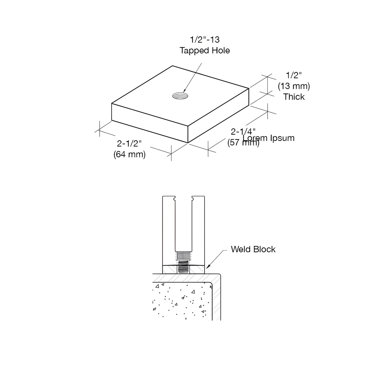 Steel weld-on block with centered 1/2"-13 tapped hole, A36 rectangular plate, SKU BSWB12