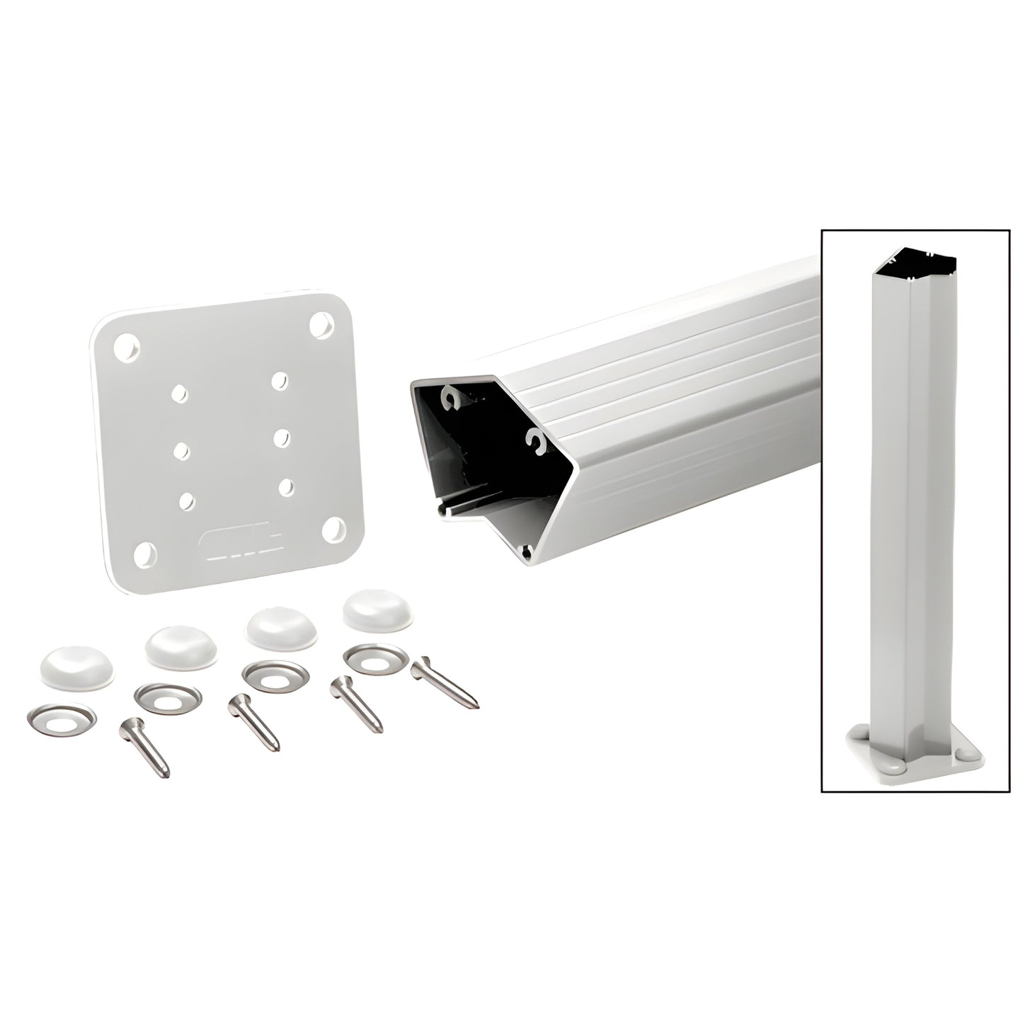 P548KW sky-white aluminum 135 glass railing post kit with base plate, screws, washers and cover buttons.