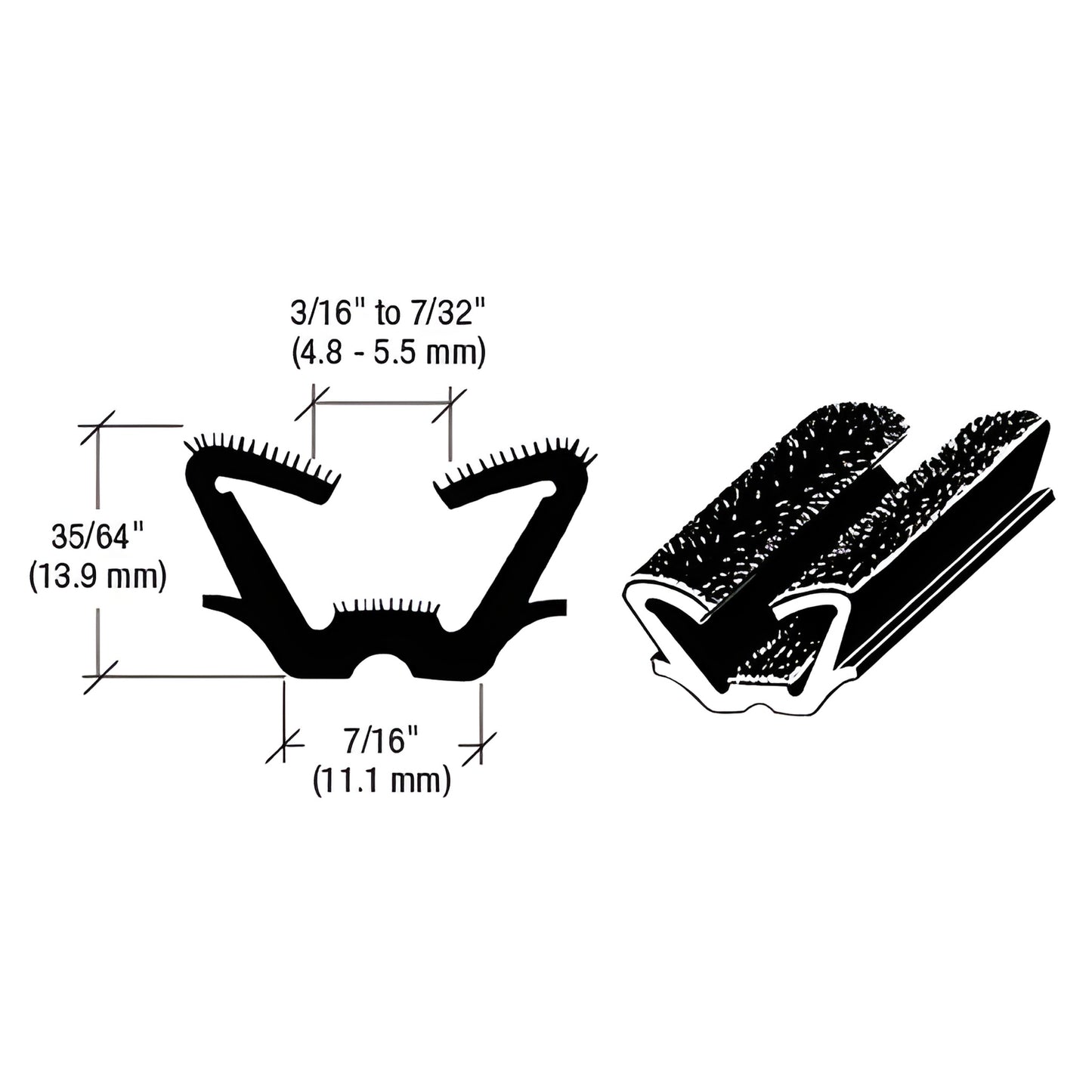 Black flocked rubber glass run channel for 1965-1972 GM mid-size cars, 72 in, 7/16 wide fits 3/16-7/32 glass. SKU AS136972