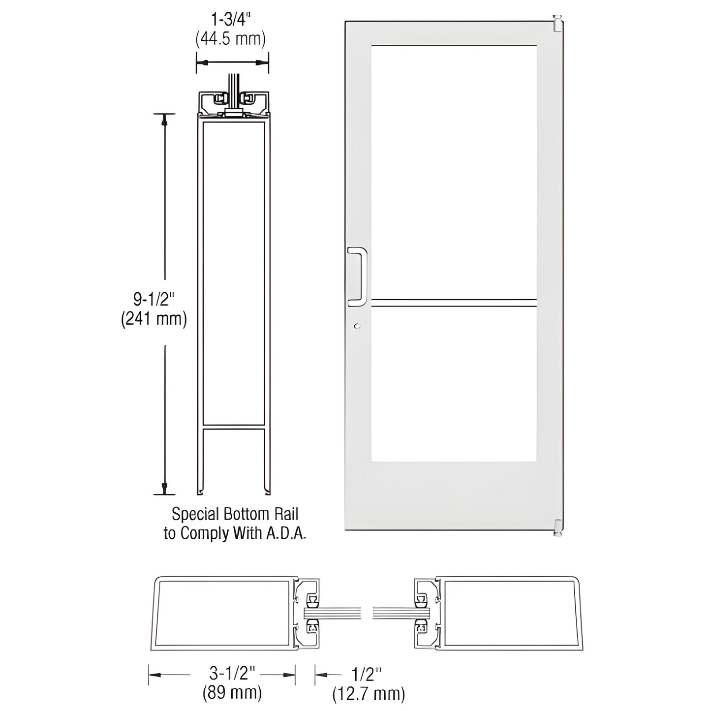 White Kynar custom medium stile entrance door (SKU DE41252) with 9-1/2" ADA bottom rail, 3-1/2" stiles, glass-ready, push/pul