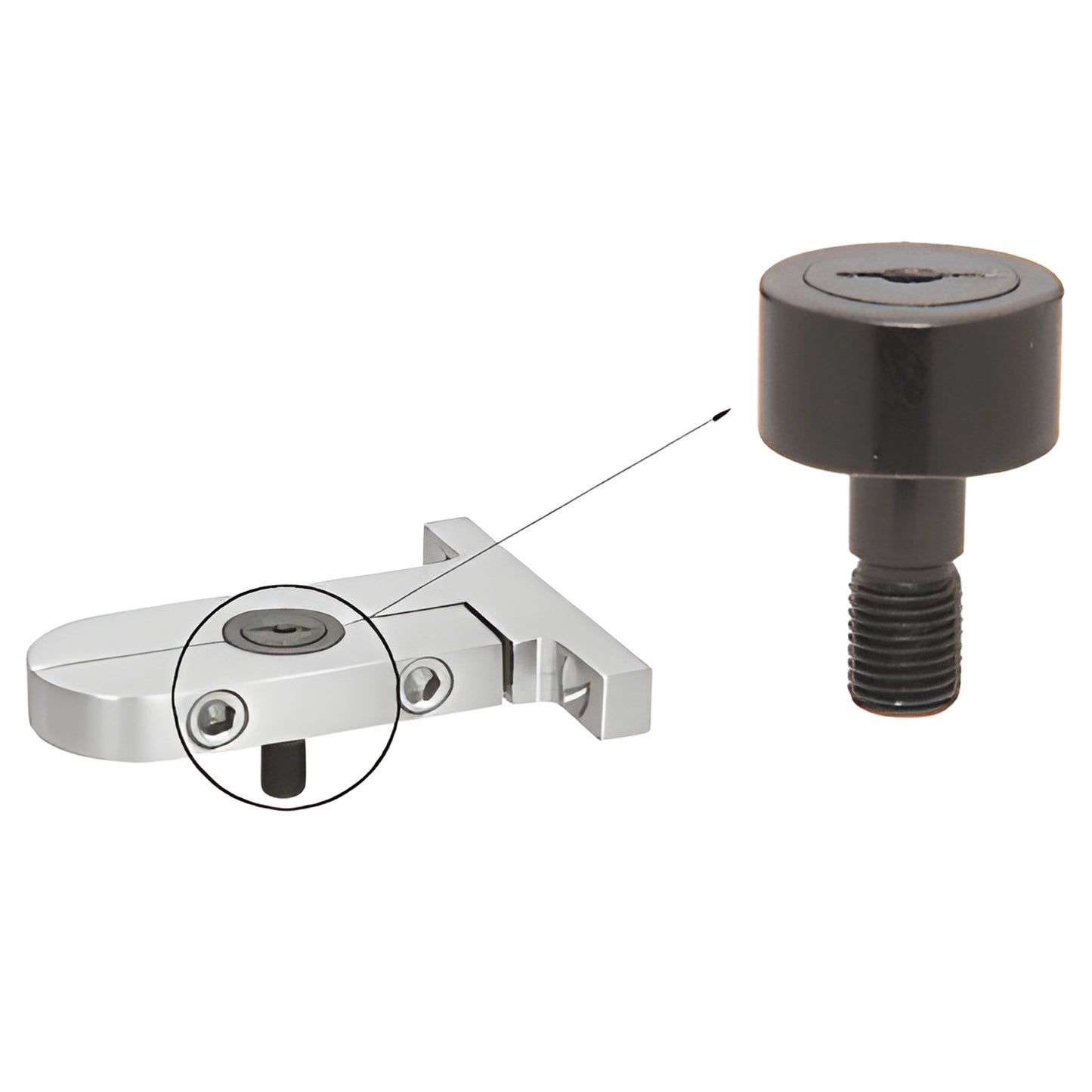 AGTP1 heavy-duty replacement pivot pin (black) shown next to chrome AGT3 horizontal mount pivot bracket.