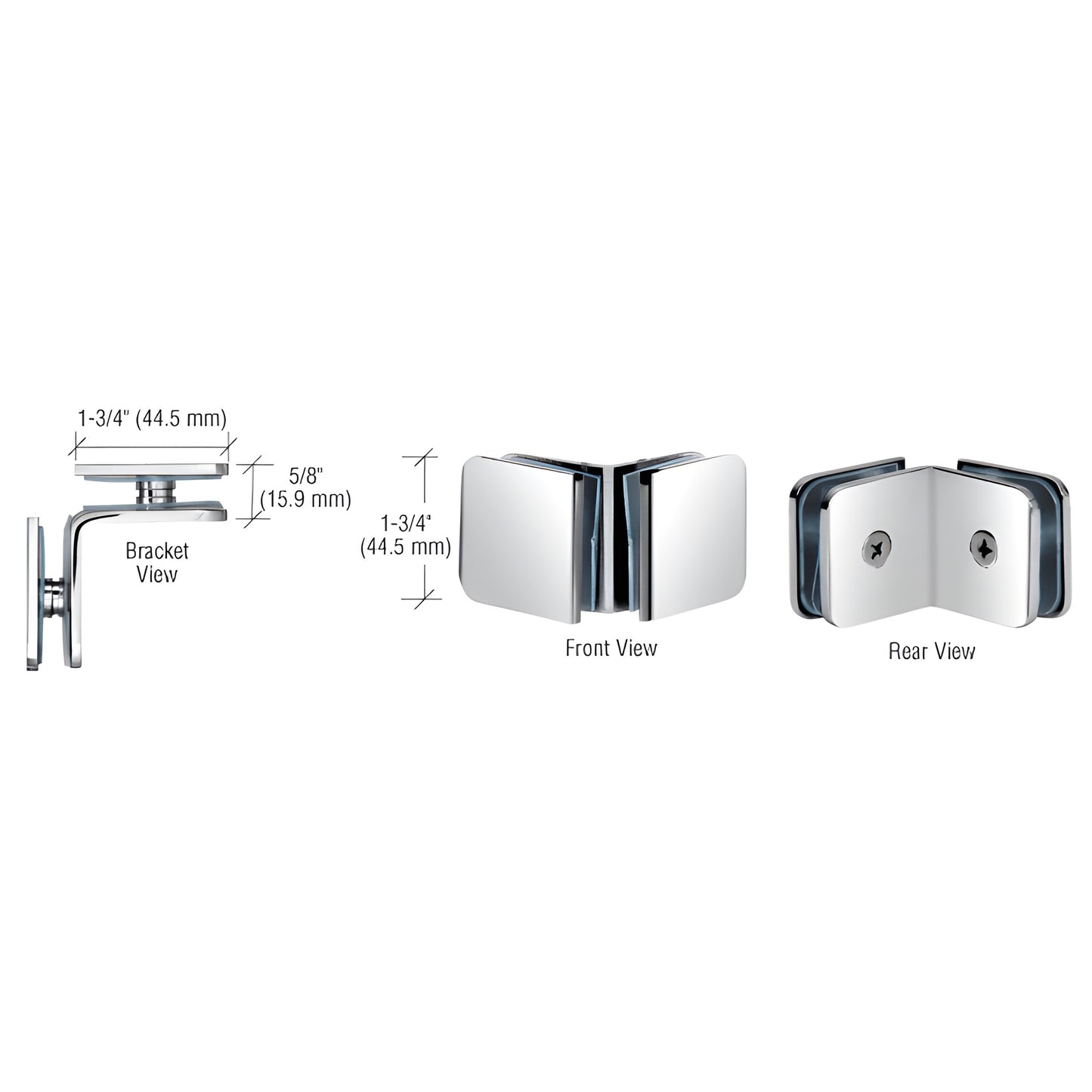 GCB90PS polished stainless steel 90 glass clamp/bracket for 8-12mm (5/16-1/2") glass, front and rear views, low-profile.