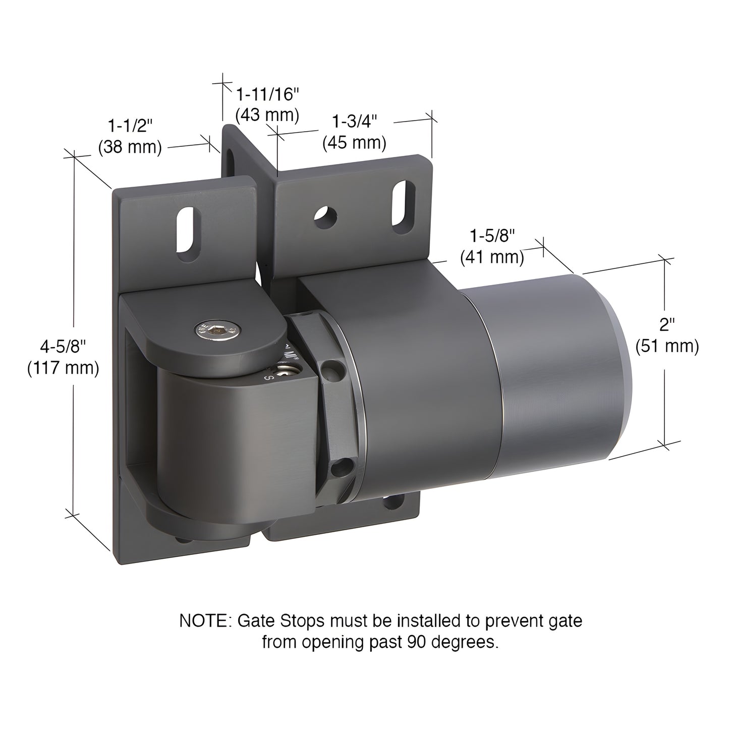 Black aluminum hydraulic gate hinge-closer (HC1500BL) with adjustable closing speed and 260 lb capacity