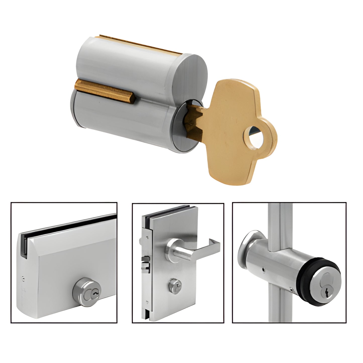 CRL 7-pin SFIC interchangeable core (SKU 1C04) in brushed nickel with brass control key, shown with compatible door hardware.