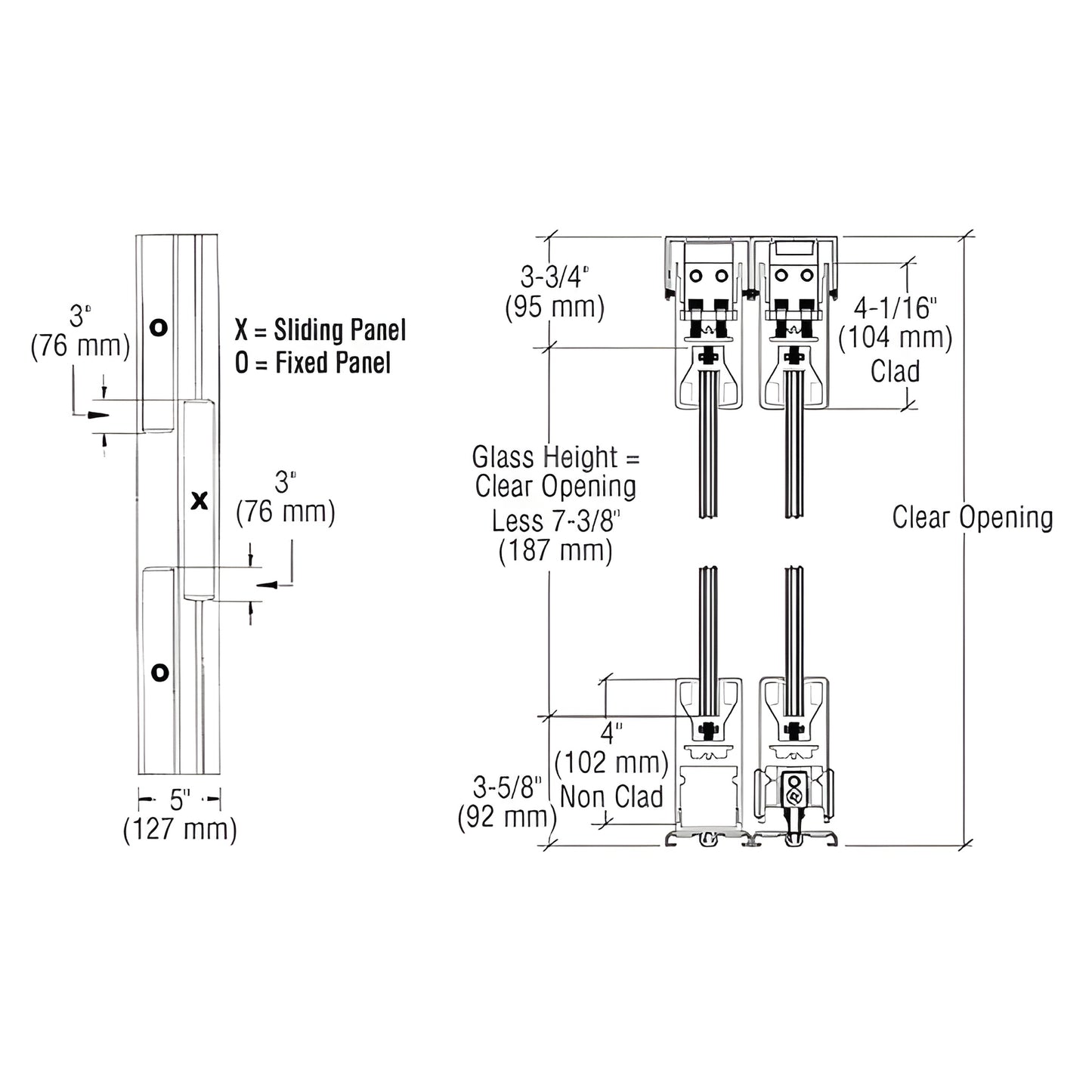 Technical CAD drawing of SDR bottom rolling sliding door rails and profiles with dimensions, 4" satin anodized (SKU 4SDR3ESA)