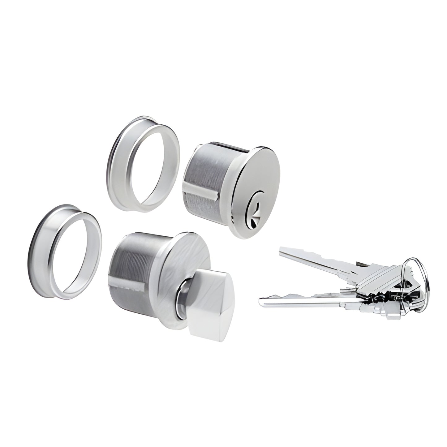 Brushed stainless steel mortise cylinder set with thumbturn, two trim rings and three keys - keyed alike (SKU DRA1020BS)