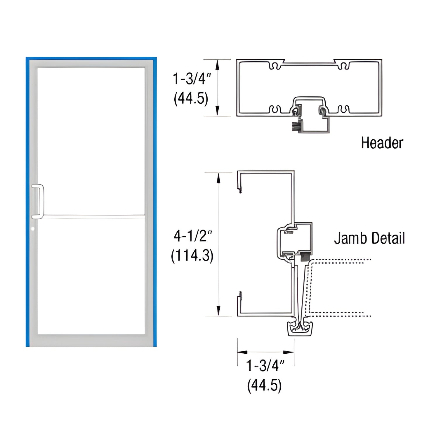 CRL gear hinge frame 36x84 with aluminum threshold, custom Kynar finish - jamb and header cross-sections (SKU 0B41871)