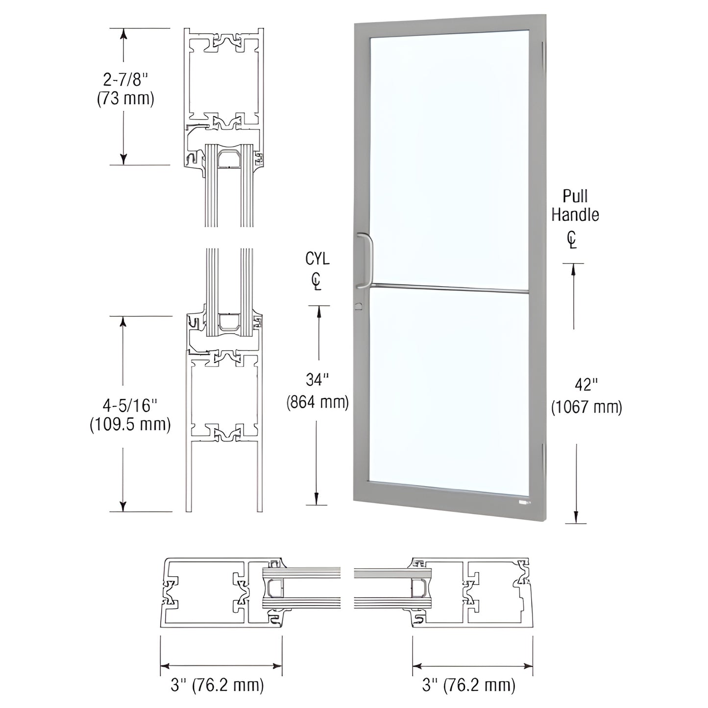 CRL narrow-stile storefront glass entrance door in clear anodized aluminum, 3" stiles, pull handle - SKU 1D21511