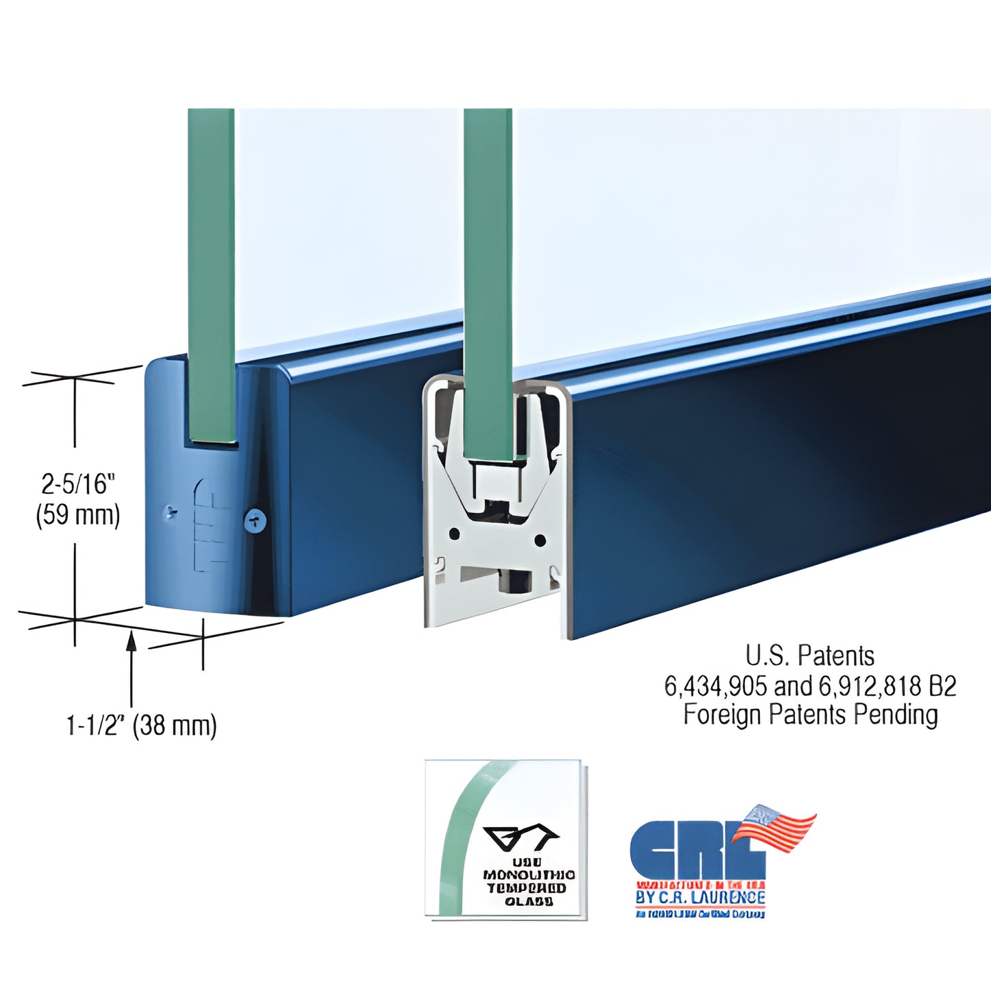 Powder-coated blue low-profile aluminum door rail (SKU DR2SPT38C) for 3/8" glass, 2-5/16" tall, Wedge-Lock system.