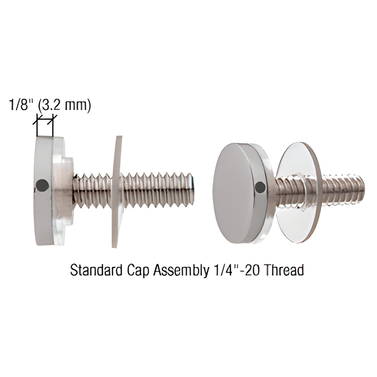 CAP34BS brushed stainless 3/4" standoff cap assembly with 1/4-20 threaded screw and clear washer for 1/2" panel hole.