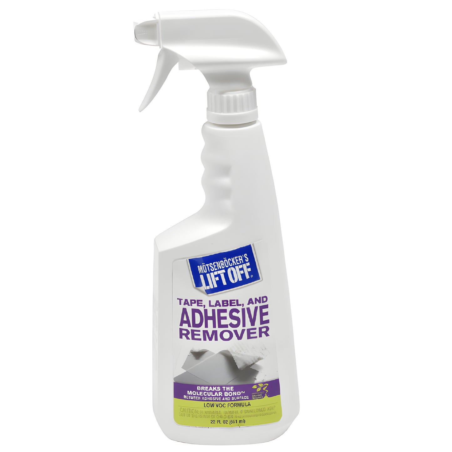 White 22 fl oz spray bottle of Motsenbocker's Lift Off adhesive remover (LF2) with purple label.