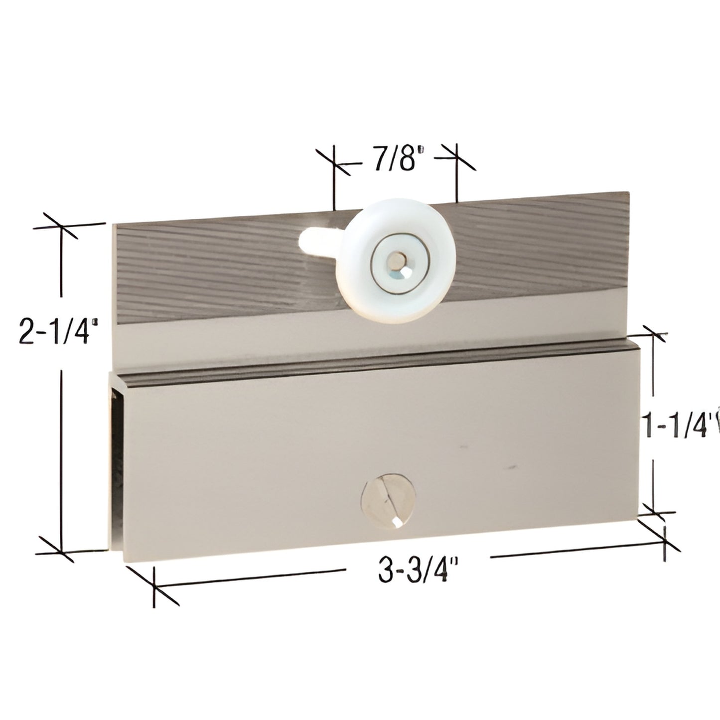 DK67BN brushed nickel top hanger bracket with white roller for 1/4" glass, 3-3/4" wide - cottage series slider.