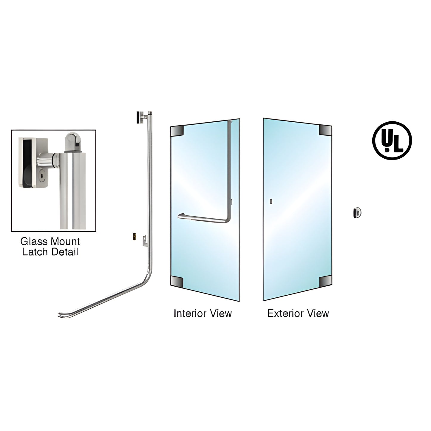 PA100 Series brushed stainless panic handle for 1/2" tempered glass doors, exterior keyed, ADA-compliant (SKU PA100Z3GKBS)