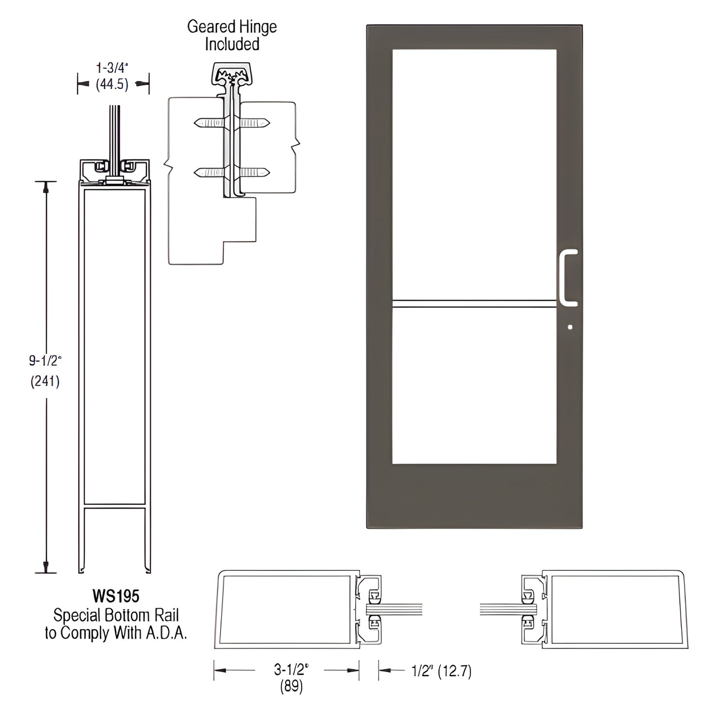 36x84" right-latch commercial partition door, black bronze anodized, 91 2" ADA bottom rail, geared hinge included. SKU CD41922R