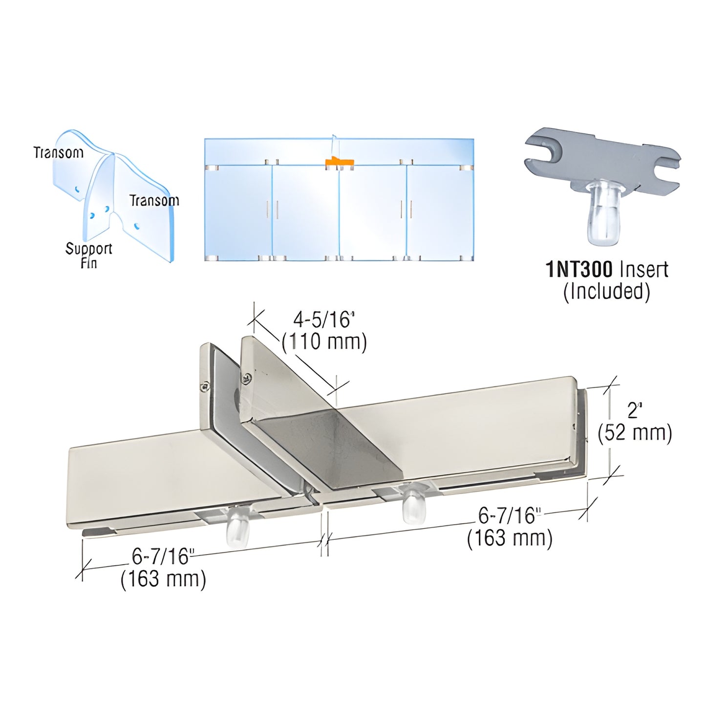 PH51BS brushed stainless double transom patch with support fin bracket for 3/8-1/2" glass, includes 1NT300 inserts.