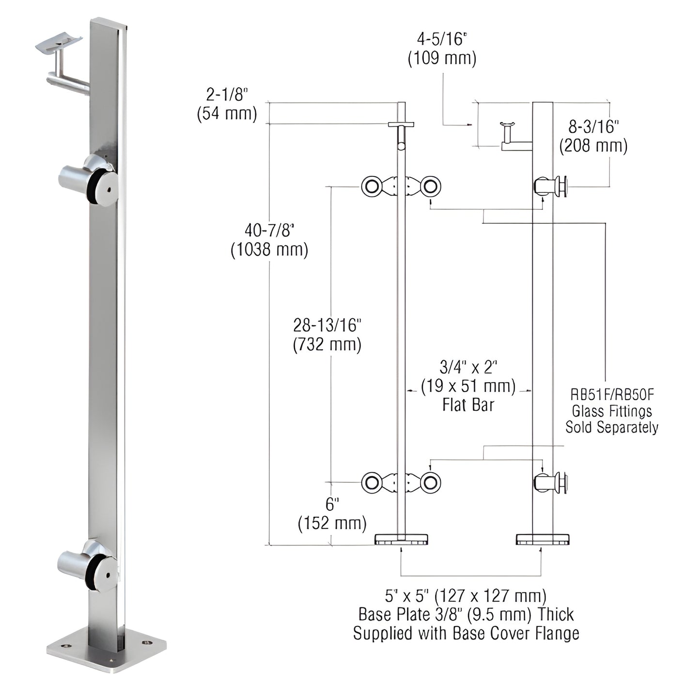 CRL P342REPS stainless steel surface-mounted glass railing post with 5x5 in base plate, 3/4"x2" flat bar.