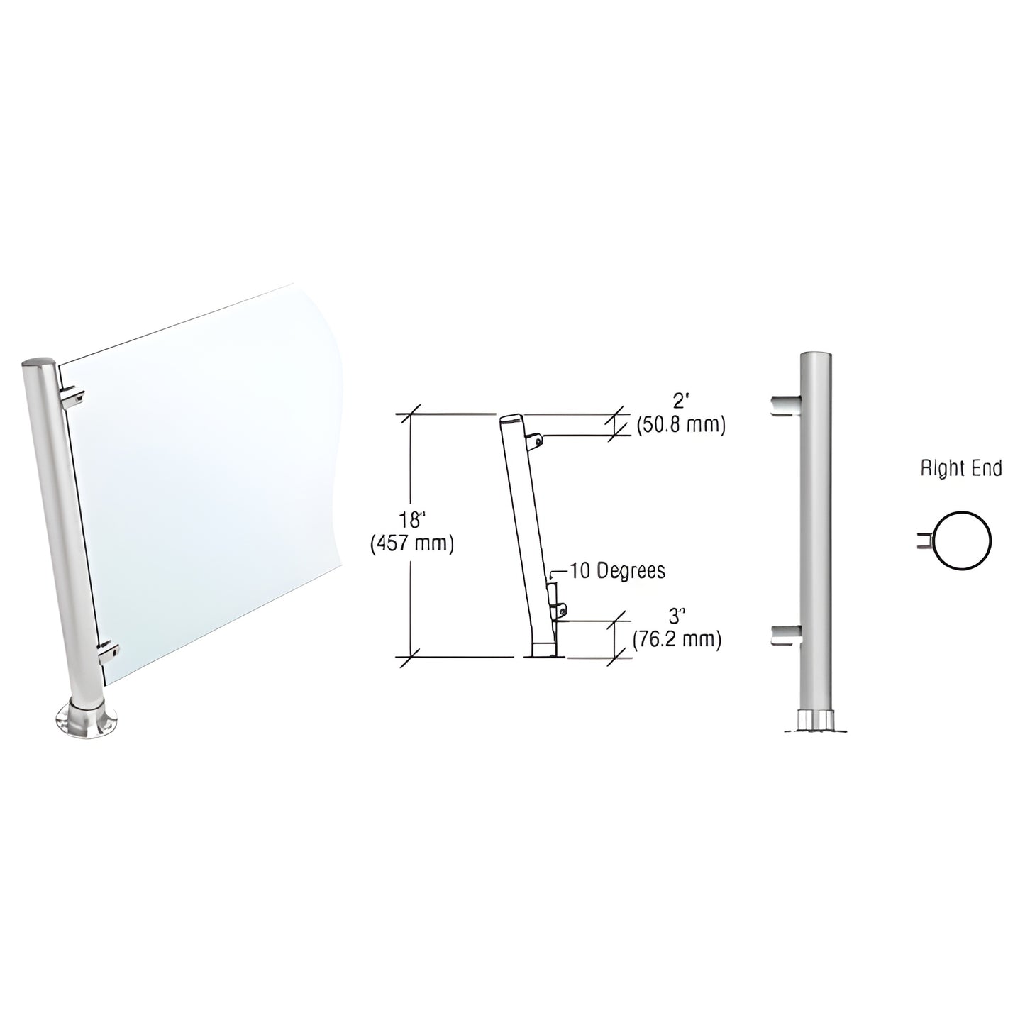PP65REBS: 18" brushed stainless round slanted end post with standoff fittings for 1/4"-3/8" glass (sneeze guard)