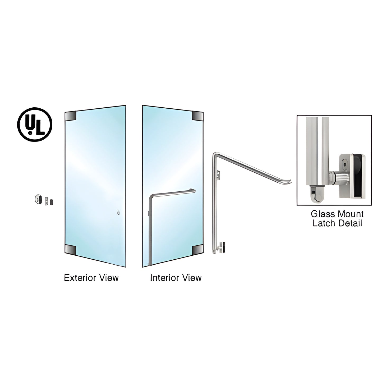 PA110Z4GKBS brushed stainless tubular panic handle for 1/2 in glass doors; exterior keyed, bottom latch, left-hand reverse