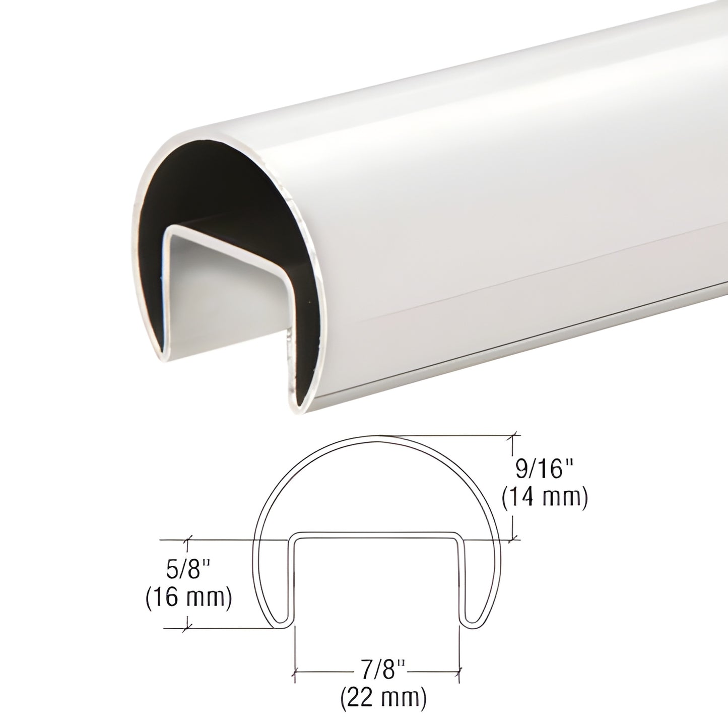 Polished 316 stainless steel 1.5 in roll-formed cap rail for 1/2-5/8 in glass, SKU GRRF15PS